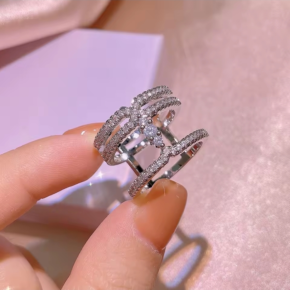 Silver Crystal Triple-Row Openwork Ring - Picture 4 of 7